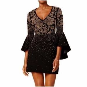 Betsy & Adam Beaded Cocktail Mini Dress V-Neck Long Bell Sleeves Black Gold Sz10